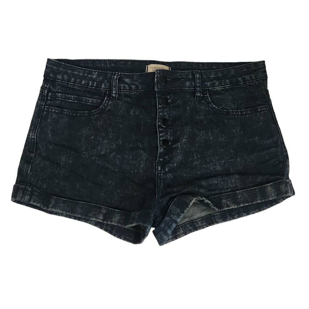Forever 21 Women's Size 30 Black Blue Denim Button Down High Rise Shorts